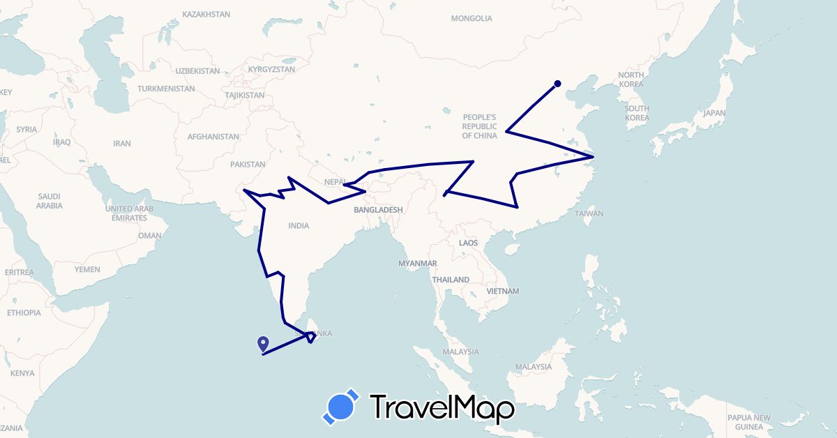 TravelMap itinerary: driving in China, India, Sri Lanka, Maldives, Nepal (Asia)